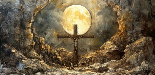 christ's cross surrounded by the moon in the rock Generative AI - obrazy, fototapety, plakaty