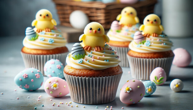 Oster-Cupcakes mit K&uuml;ken verziert, Festliche B&auml;ckerei