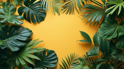 Fototapeta na wymiar Simple yet captivating backdrop adorned with vibrant tropical leaves