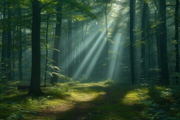 Fototapeta premium soft light filters through a serene forest, creating gentle shifts in form and shadows on the forest floor, to convey peace and tranquility