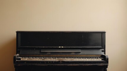 Minimalist image showcasing the classic form and elegance of a black piano against a neutral...