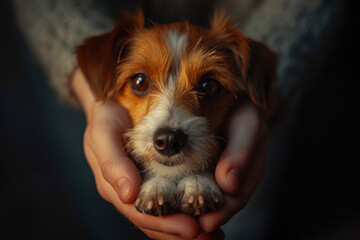 Puppy Jack Russell Terrier in the owner's hands. Portrait of a little dog.