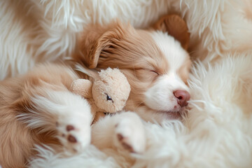 The puppy is chewing on a soft toy.
