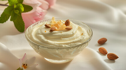 Creamy Shrikhand in a Vintage Glass Bowl, Garnished with Almonds and Edible Gold Leaf, Traditional Indian Sweet, Gentle Lighting