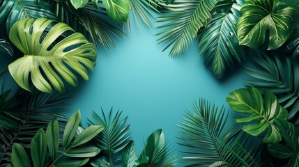 Fototapeta na wymiar Minimalist backdrop adorned with lush tropical leaves, evoking a serene and exotic atmosphere