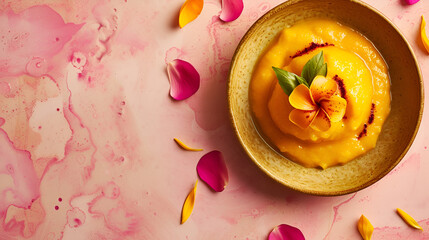 Vibrant Amras Mango Puree, Garnished with a Flower, Elegant Food Art on Pink Marble Background