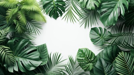 Minimalist backdrop adorned with lush tropical leaves, evoking a serene and exotic atmosphere