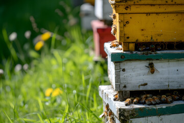 Honey bees working with honeycomb on the beehive. Close-up banner, spring and summer background. Beekeeping, wildlife and ecology concept with copy space.