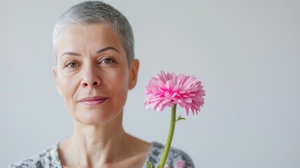 Cropped image of beautiful bald mid aged woman posing with pink flower. Alopecia, breast cancer and cancer awareness. World Cancer Day. Survivor, suport, healthcare or trust, empathy or compassion. 