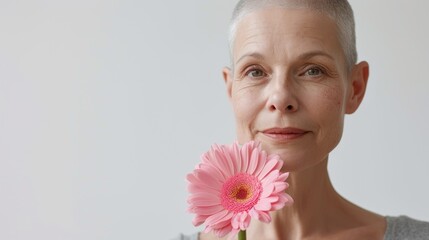 Cropped image of beautiful bald mid aged woman posing with pink flower. Alopecia, breast cancer and cancer awareness. World Cancer Day. Survivor, suport, healthcare or trust, empathy or compassion. 