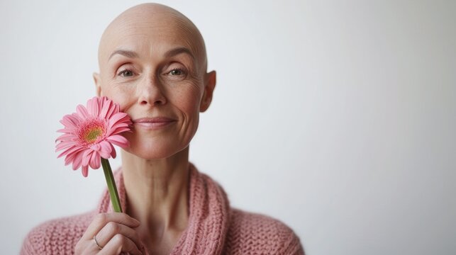 Cropped image of beautiful bald mid aged woman posing with pink flower. Alopecia, breast cancer and cancer awareness. World Cancer Day. Survivor, suport, healthcare or trust, empathy or compassion. 