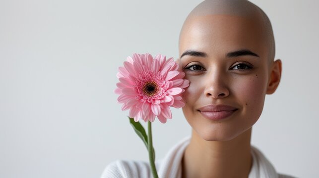 Emotional portrait of beautiful young bald girl with pink flower. Alopecia, breast cancer and cancer awareness. World Cancer Day. Survivor, suport. Woman with shaved head after chemotherapy 