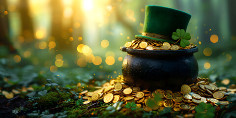 Naklejka premium The Saint Patrick's day black cauldron with golden coins, hat and shamrocks in fairy tail forest. St. Patrick's Day banner background concept with copy space.