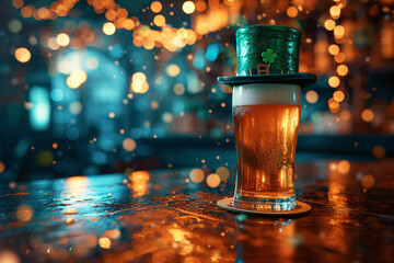 Mug of cold fresh beer on wooden table with green leprechaun hat on blurred background. Oktoberfest and St. Patrick's day celebration in a pub or bar. Card, banner, poster, flyer with copy space