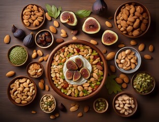 Top view of a dining table with full of delicious foods dishes and dry fruits. Copy space.