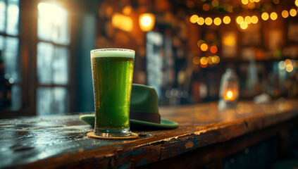 Fototapeta na wymiar Mug of cold fresh beer on wooden table with green leprechaun hat on blurred background. Oktoberfest and St. Patrick's day celebration in a pub or bar. Card, banner, poster, flyer with copy space