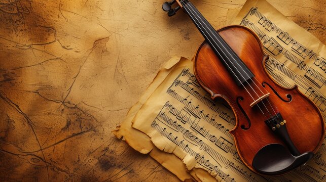Clean composition with a violin and abstract musical notes, conveying the essence of a musical masterpiece