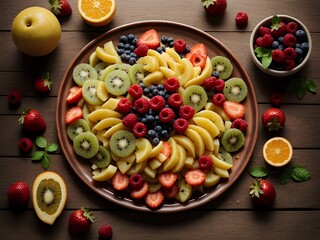 Fototapeta na wymiar A view of a vibrant dining table with full of different and fresh fruits on a plate. Copy space.