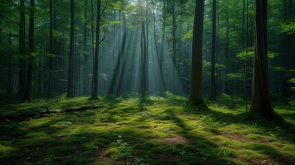 Obraz premium soft light filters through a serene forest, creating gentle shifts in form and shadows on the forest floor, to convey peace and tranquility