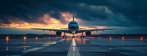 the image of one jet landing on an airport runway in the evening - obrazy, fototapety, plakaty