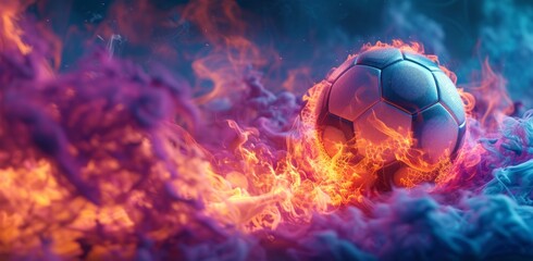 the soccer ball is burning in a red flame