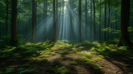 soft light filters through a serene forest, creating gentle shifts in form and shadows on the forest floor, to convey peace and tranquility