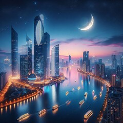 Night view of skyscrapers and river 