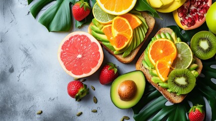 Simple yet enticing image featuring avocado toast garnished with tropical fruits