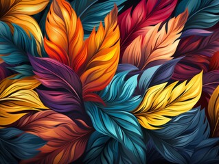 A vibrant assortment of colorful leaves layered against a dark black backdrop.