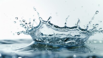 Splashing drops of clear water liquid on plain white background