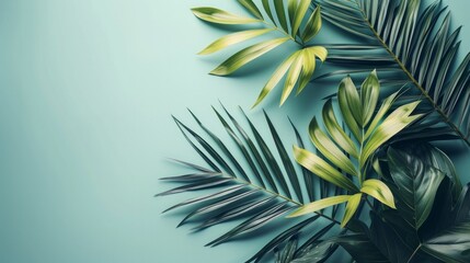 Minimalist composition featuring abstract tropical foliage, conveying a sense of peace and tranquility - obrazy, fototapety, plakaty