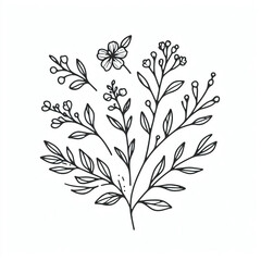 Hand-drawn minimalist botanical line art of floral branches, roses, leaves, and herbs create an elegant and rustic botanical wedding invitation and save-the-date card template.