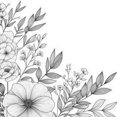 Hand-drawn minimalist botanical line art of floral branches, roses, leaves, and herbs create an elegant and rustic botanical wedding invitation and save-the-date card template.