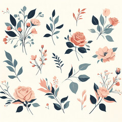 Hand-drawn minimalist botanical line art of floral branches, roses, leaves, and herbs create an elegant and rustic botanical wedding invitation and save-the-date card template.