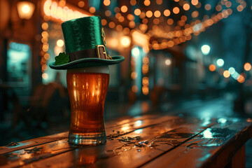 Mug of cold fresh beer on wooden table with green leprechaun hat on blurred background. Oktoberfest and St. Patrick's day celebration in a pub or bar. Card, banner, poster, flyer with copy space