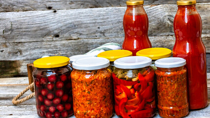 Jars with variety of canned vegetables and fruits, jars with zacusca and bottles with tomatoes...