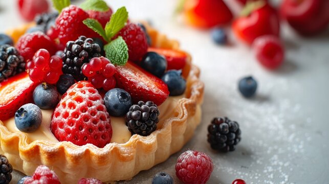 Minimalist image capturing the elegance of a pastry topped with luscious, fresh fruits