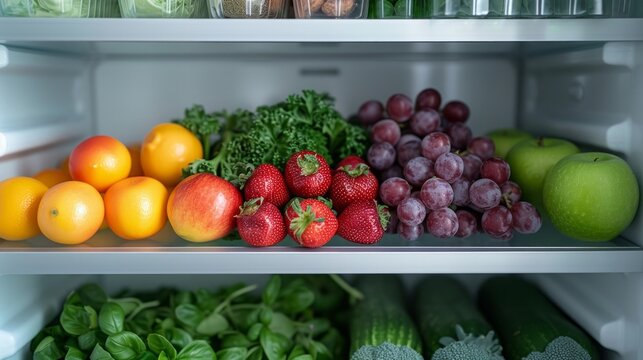 Minimalist composition capturing the beauty of nature's bounty within the confines of a fridge