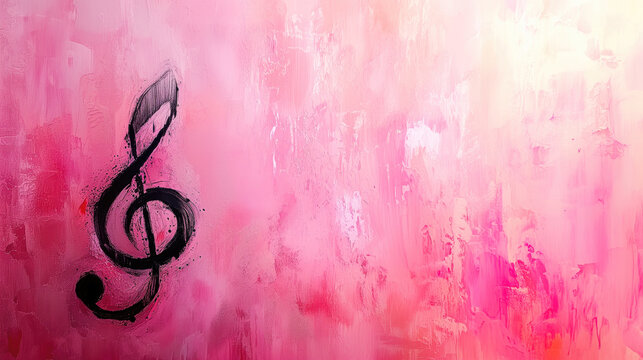 Abstract music note, treble clef sign painted on concrete pink wall background. music wallpaper,  illustration, backdrop art with copy space for text.