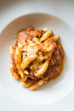 Pasta dish with tomato sauce.