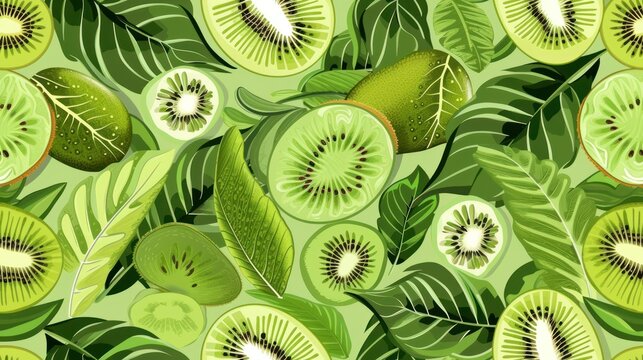  a painting of kiwis and leaves on a green background with a white stripe on the bottom of the image and a white stripe on the bottom of the image.