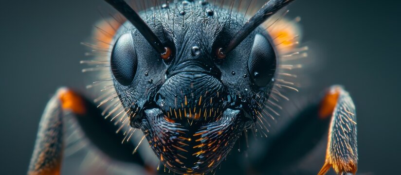 A macro photograph capturing a terrestrial animal, an ant, with its snout, fangs, and intricate face details on a dark background.