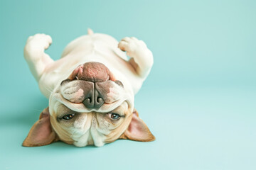 English bulldog laying upside down on his back on light blue background.