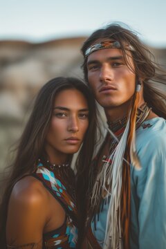Young native american couple in a traditional clothing. Indians, outdoor photo