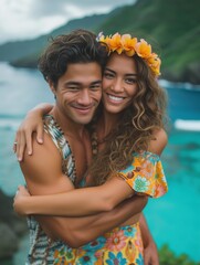 Polynesian newlyweds couple celebrate love by the ocean. Island romance and tribal culture. Portrait.