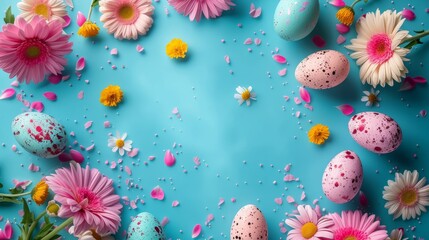 Fototapeta na wymiar Decorative Easter eggs among pink flowers on a bright blue surface.