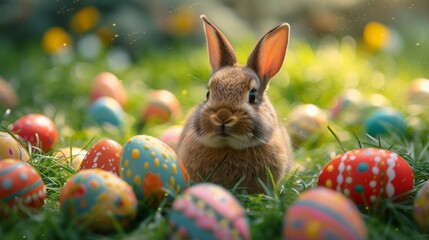 Fototapeta na wymiar Rabbit surrounded by colorful Easter eggs in a lush green field.