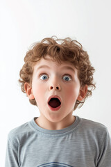Front view of shocked caucasian boy with open mouth looking at camera. Curly guy of zoomer generation. Isolated on white background in studio.