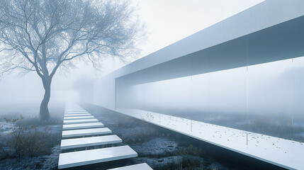 Modern architecture blending with nature, showcasing abstract designs and light reflections in a serene winter landscape
