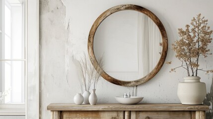  a round mirror on a wall above a wooden table with vases and a white vase on the side of the table and a white vase on the side of the table. - obrazy, fototapety, plakaty